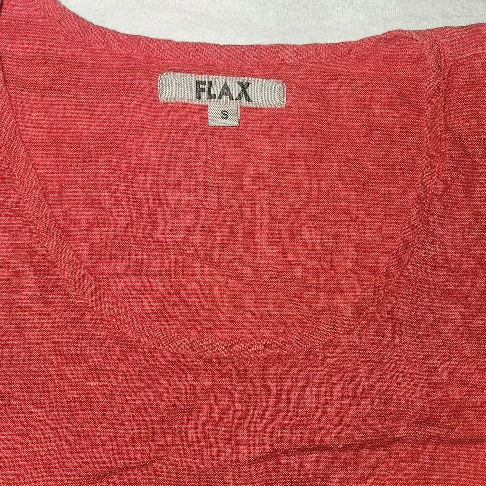 FLAX Small 100% Linen Top Orange Red Boho Western Colorful Lagenlook Peasant